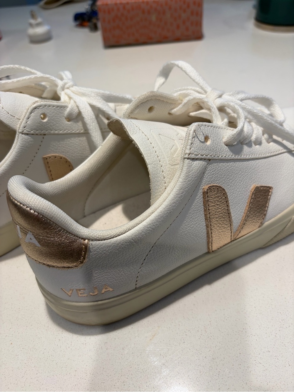 Veja Women’s White Leather Sneakers with Rose Gold V Details